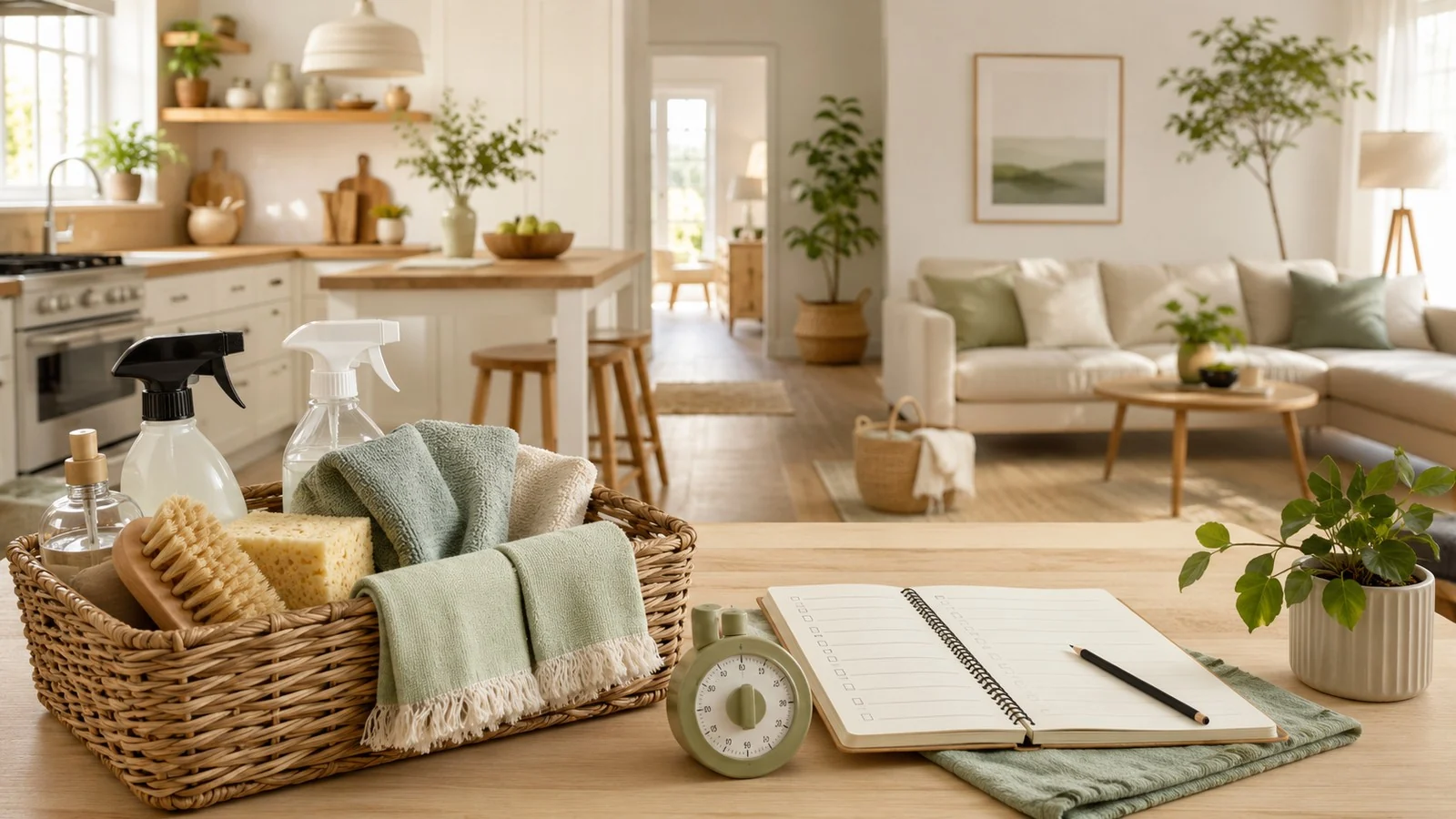 Cleaning supplies, checklist and timer for a fast room-by-room house cleaning routine