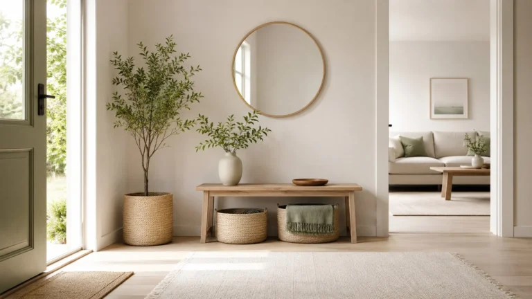 Calm uncluttered home entryway with clear surfaces, baskets and minimal decor