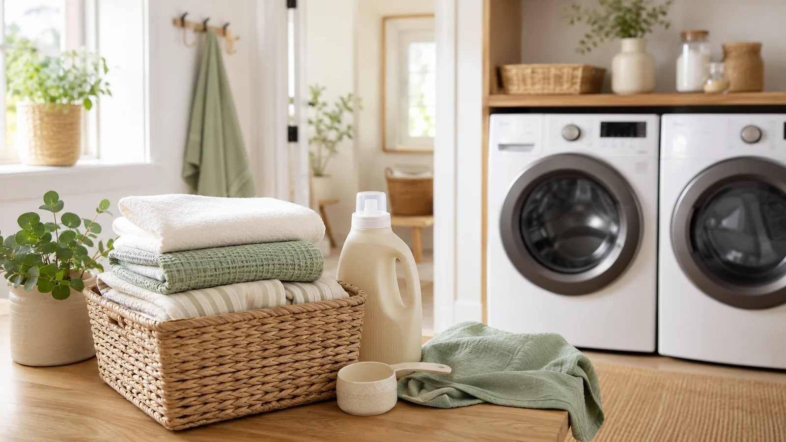 Bright organized laundry room with folded towels, laundry basket, detergent and washer and dryer
