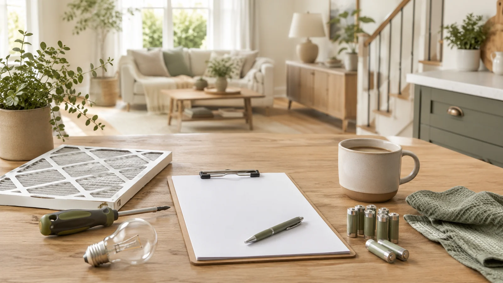 Home maintenance planning setup with clipboard, HVAC filter, light bulb, batteries, screwdriver and clean living space