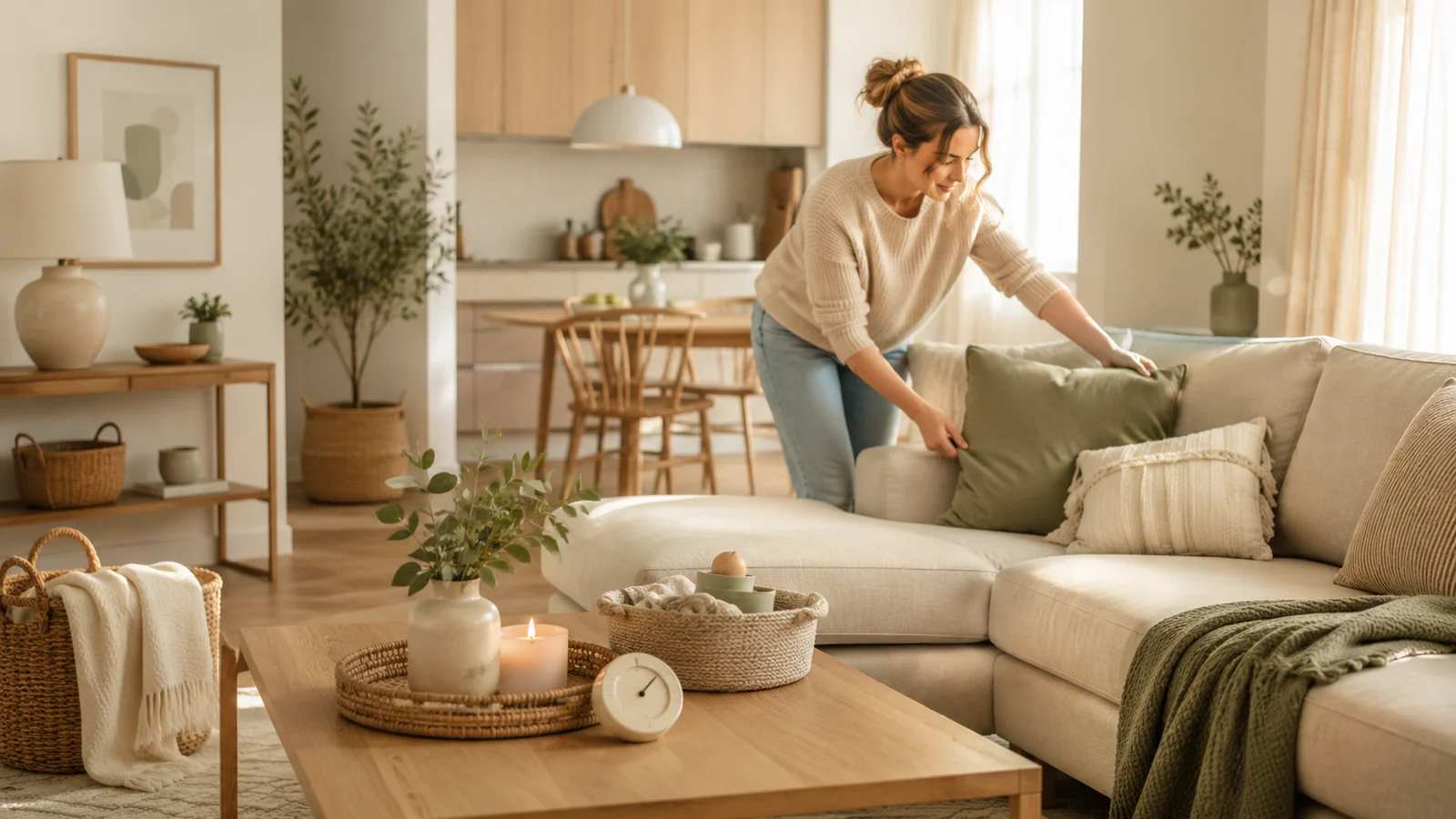 Woman quickly resetting a tidy living room by arranging sofa cushions in a warm organized home