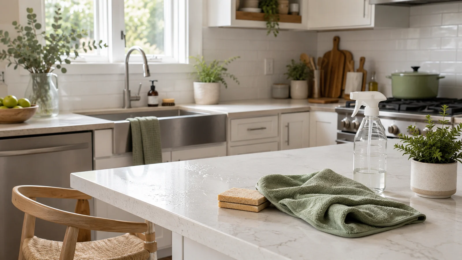 Bright clean kitchen with cloth, sponge, spray bottle and tidy countertops