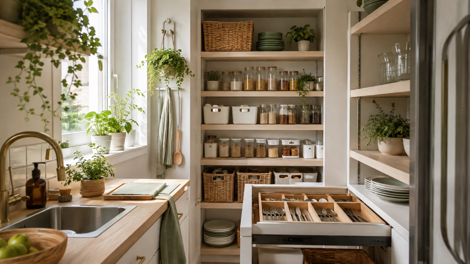 Organized small kitchen with open shelves, baskets, trays and tidy countertop