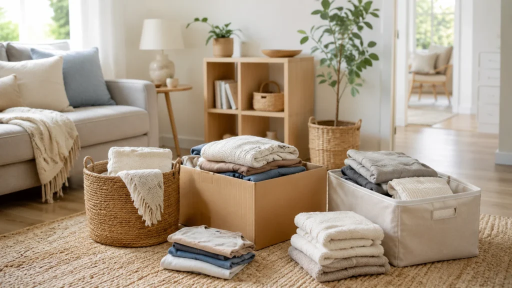 Minimal tidy home entryway with basket, bench and decluttered surfaces