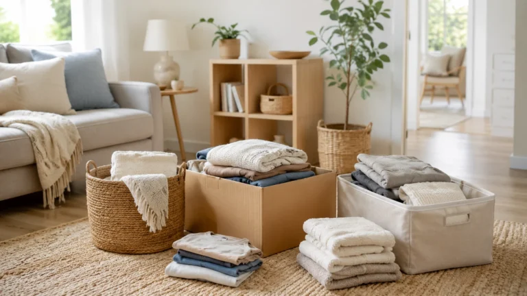 Minimal tidy home entryway with basket, bench and decluttered surfaces