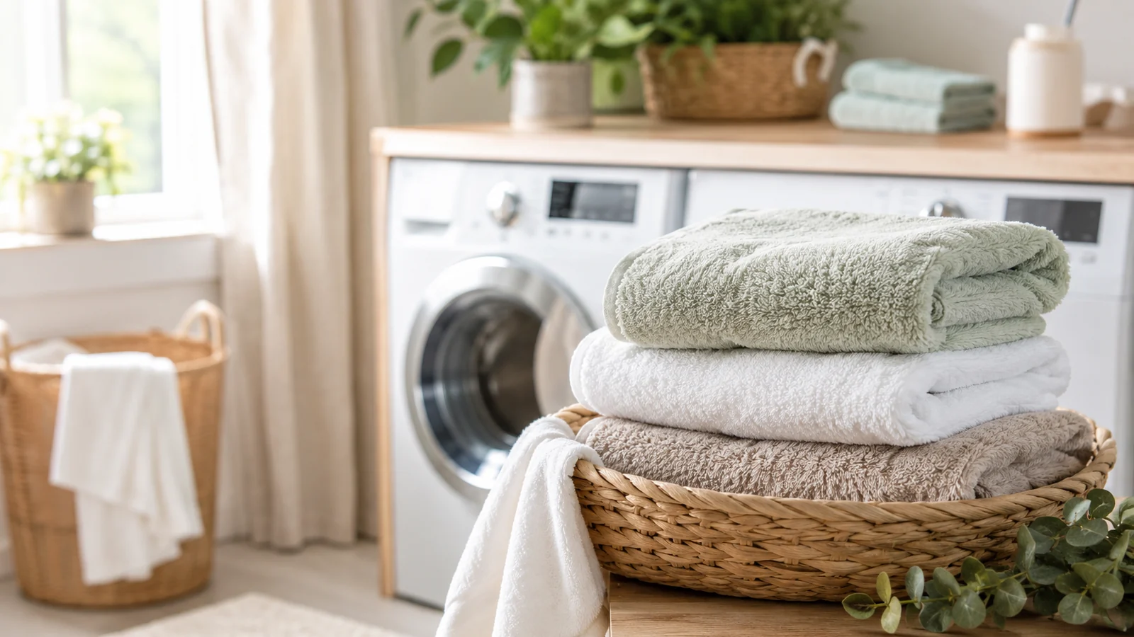Soft folded towels in a tidy laundry room with washer and dryer