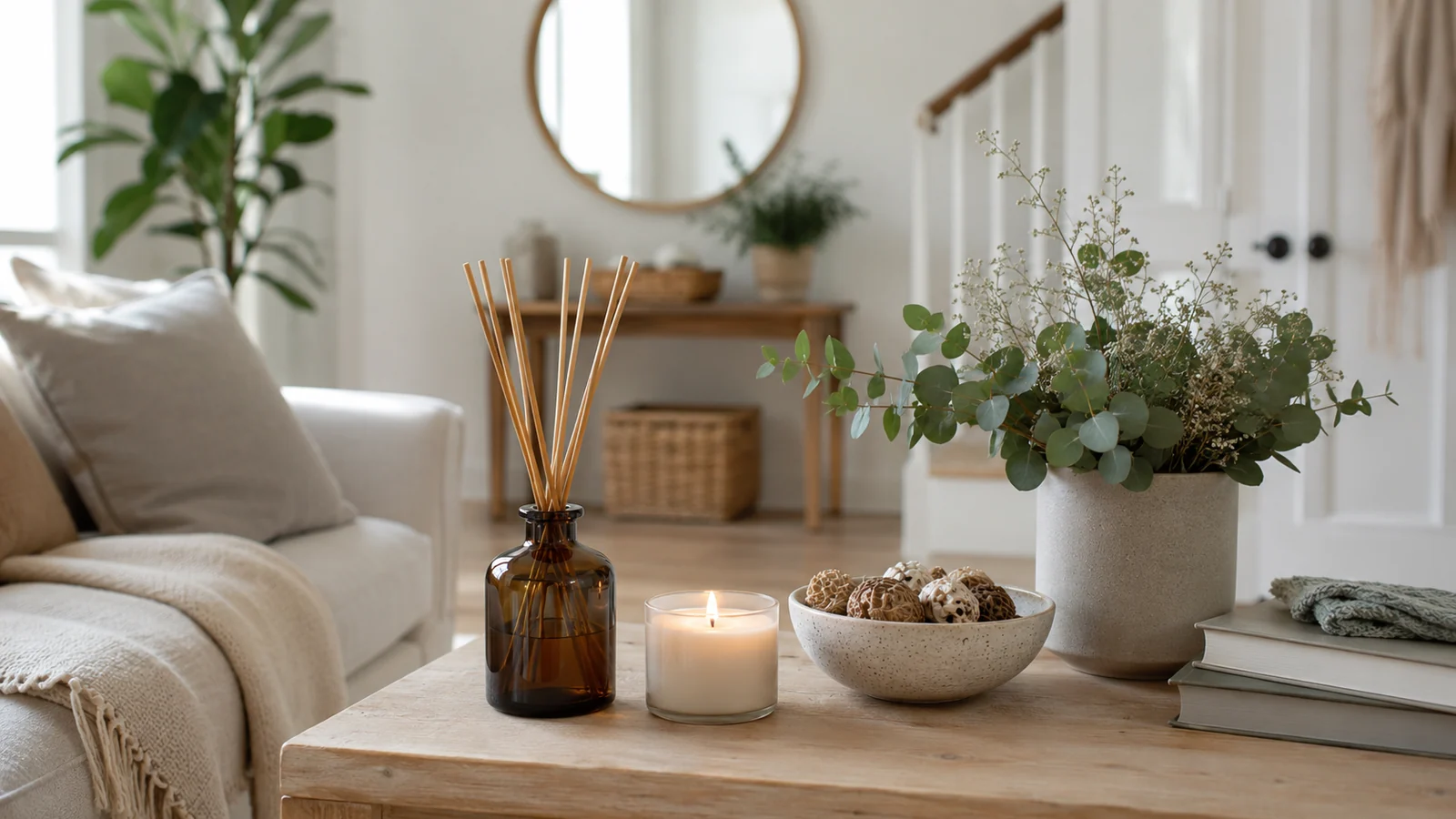 Fresh tidy living room with open airy feel, candle, tray and subtle home fragrance items