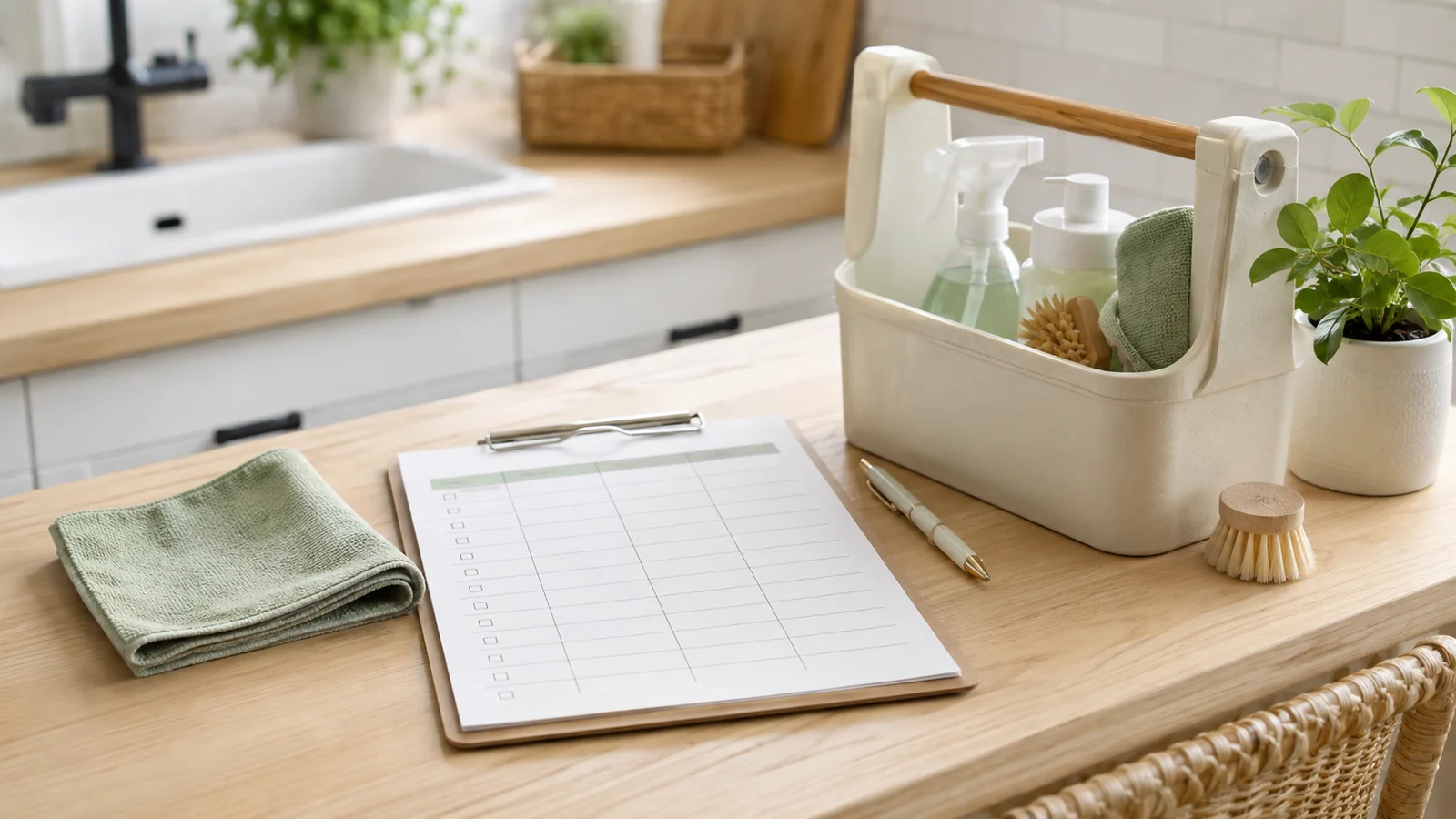 Clean tidy home workspace with checklist, tray and simple weekly cleaning plan