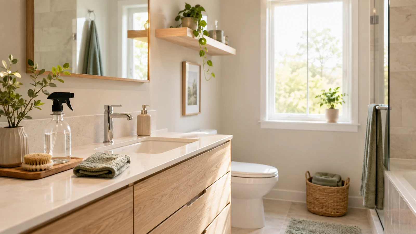 Bright tidy bathroom with cleaning cloth, spray bottle, sink, shower and soft sage accents