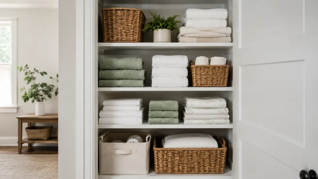 Organized linen closet with neatly folded white and sage towels, sheets and woven baskets