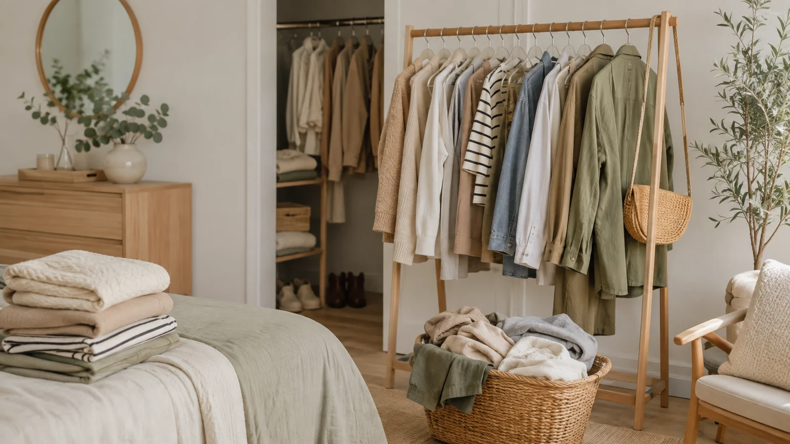 Calm bedroom clothing area with organized garment rack, folded clothes and a laundry basket