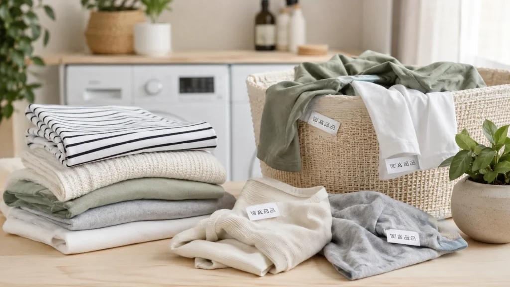 Laundry room with folded clothing and visible garment care labels beside a washer and basket