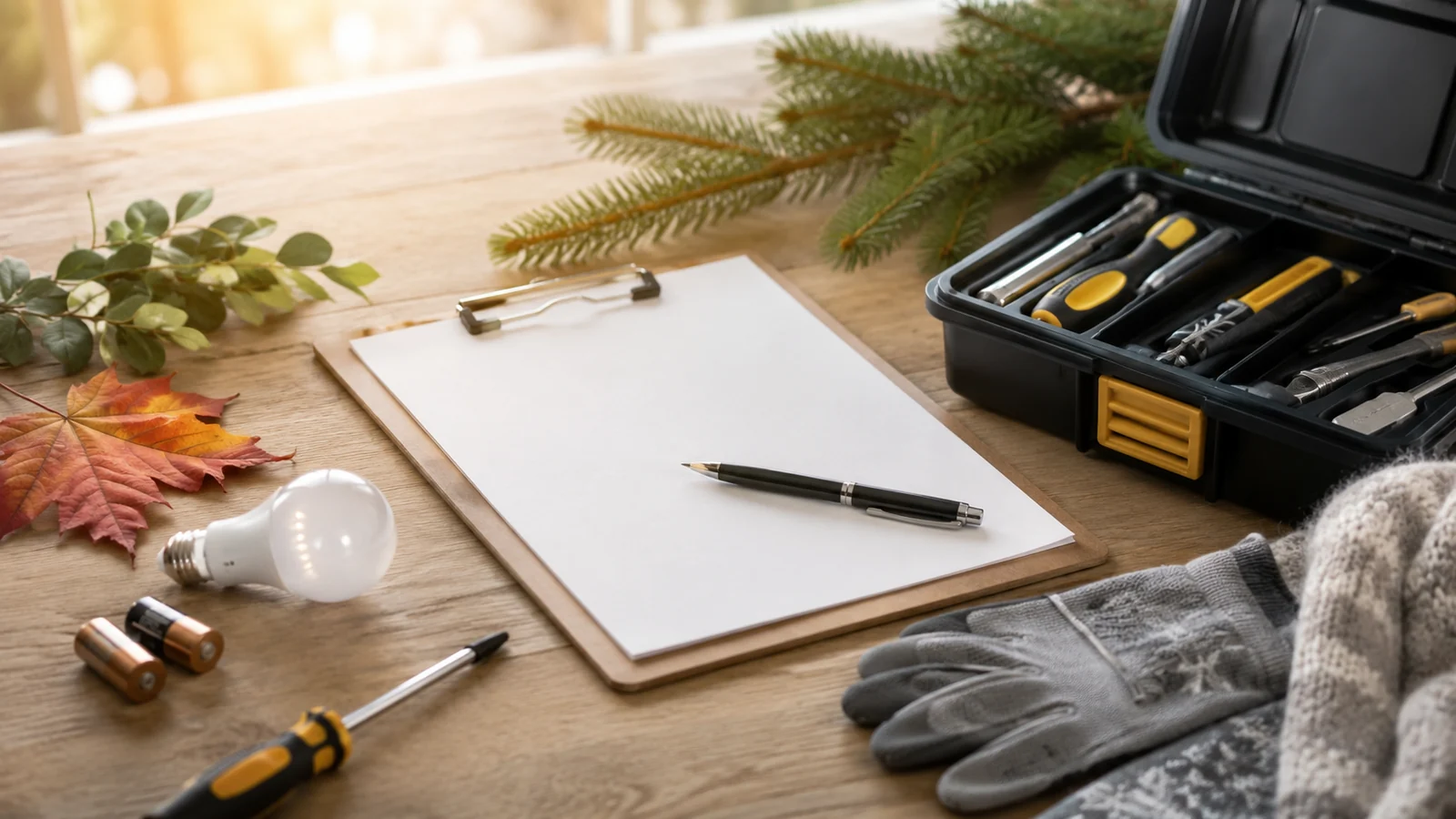 Home maintenance workspace with tools, clipboard, light bulb, batteries and seasonal greenery