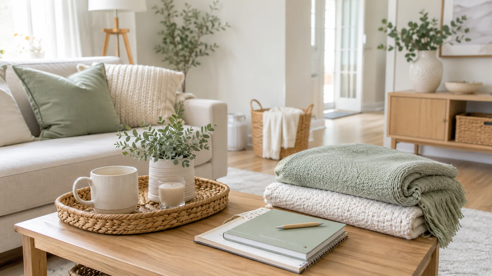Calm tidy living room with notebook, folded throw, mug and soft sage accents for a Sunday home reset