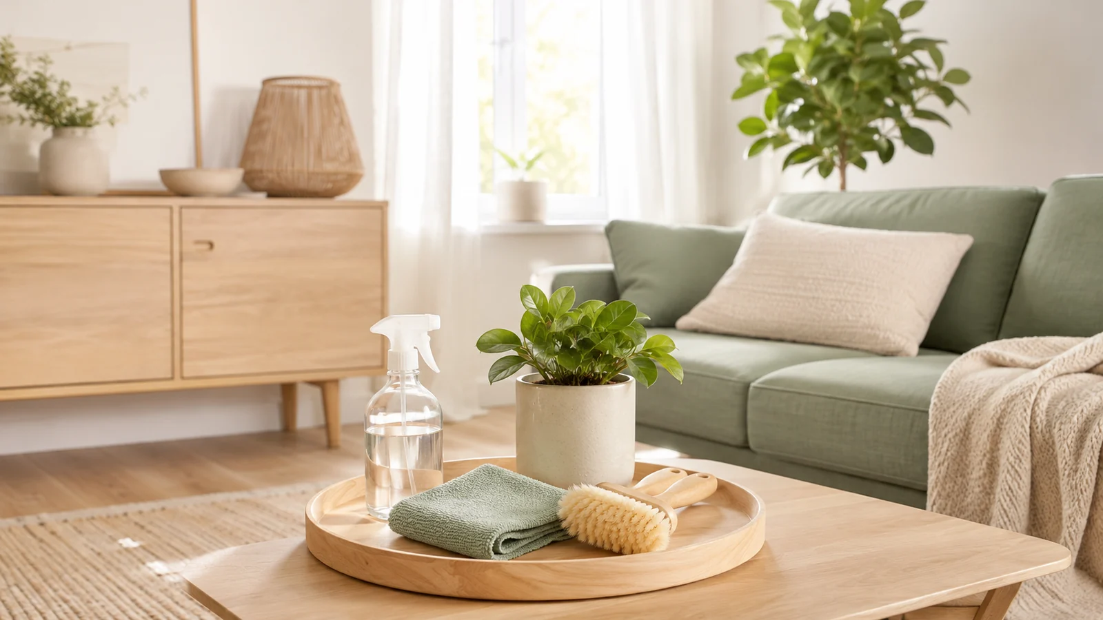Bright tidy living room with cleaning cloth, brush and spray bottle ready for dust control