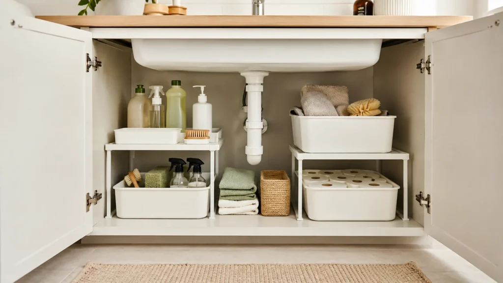 Neatly organized under-sink cabinet with bins, cleaning supplies, cloths and shelf risers