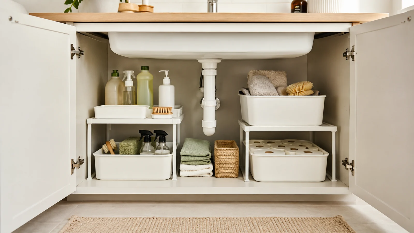 Neatly organized under-sink cabinet with bins, cleaning supplies, cloths and shelf risers