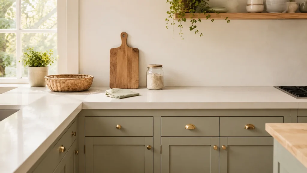 Calm uncluttered kitchen with clear counters, simple storage and only a few useful items