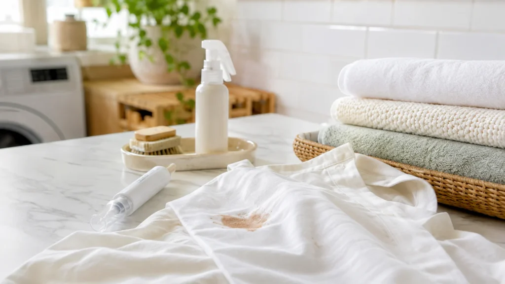 White shirt with a visible stain beside laundry treatment supplies in a bright laundry room