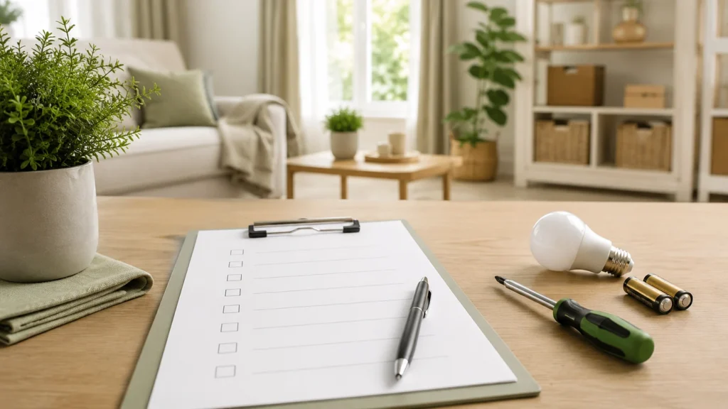 Home checklist with pen, light bulb, batteries and small maintenance tools on a tidy table