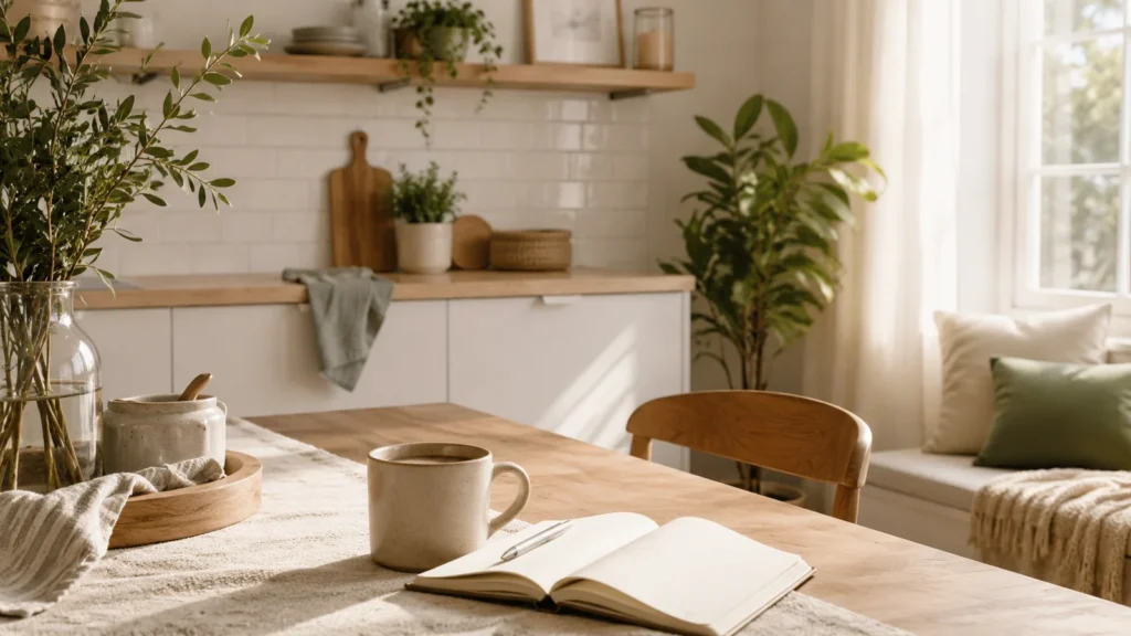 Bright calm kitchen and dining area with coffee, notebook and tidy surfaces in morning sunlight