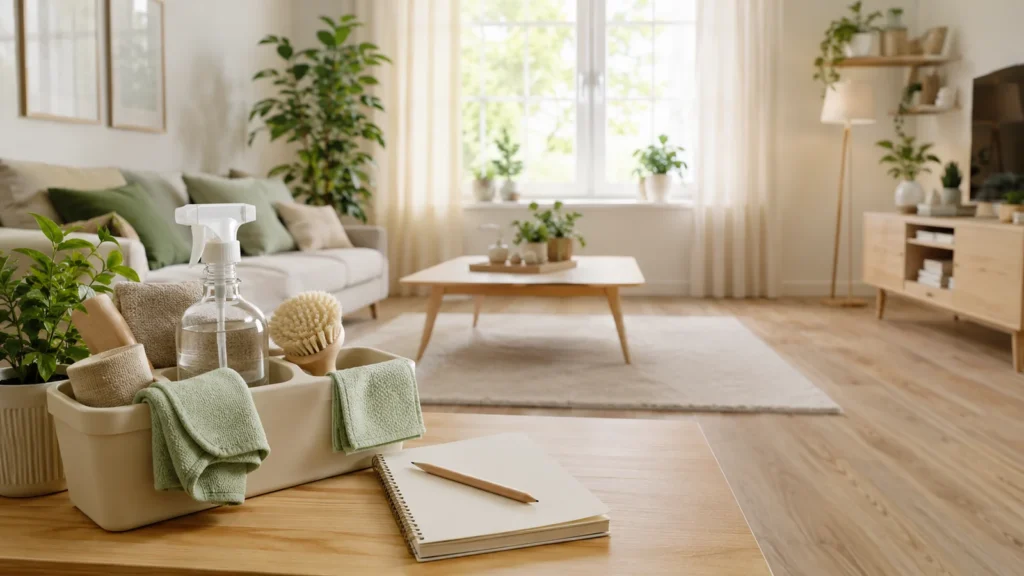 Bright organized living room with cleaning caddy, microfiber cloths and brush ready for deep cleaning