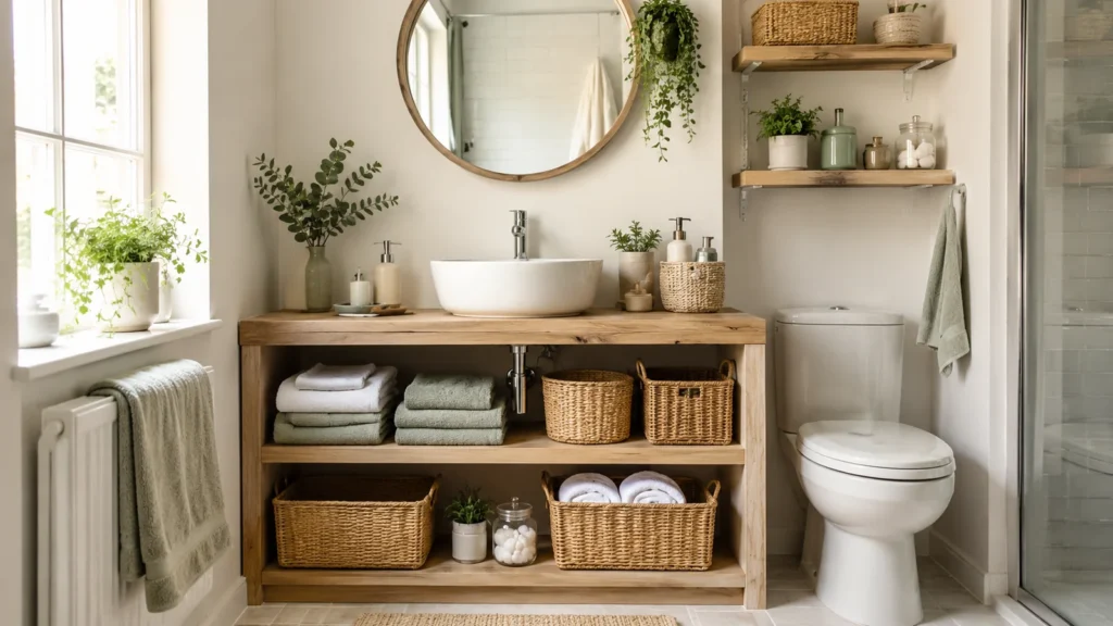 Small bright bathroom with neatly organized open shelves, towels, baskets and everyday toiletries