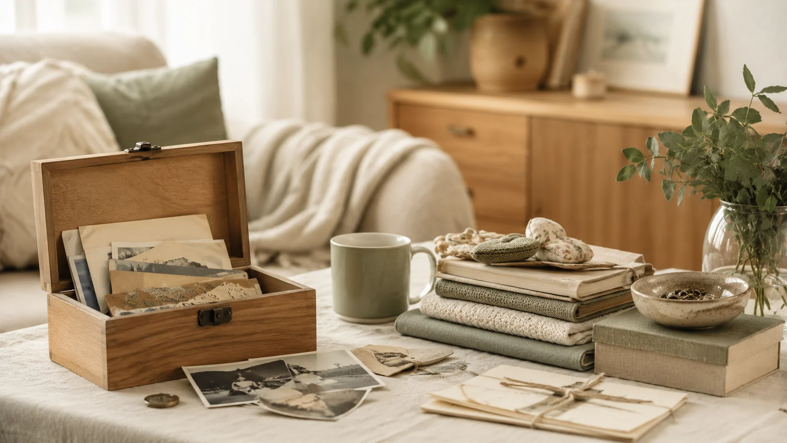 Warm table with memory box, old photographs, letters and keepsakes being thoughtfully sorted