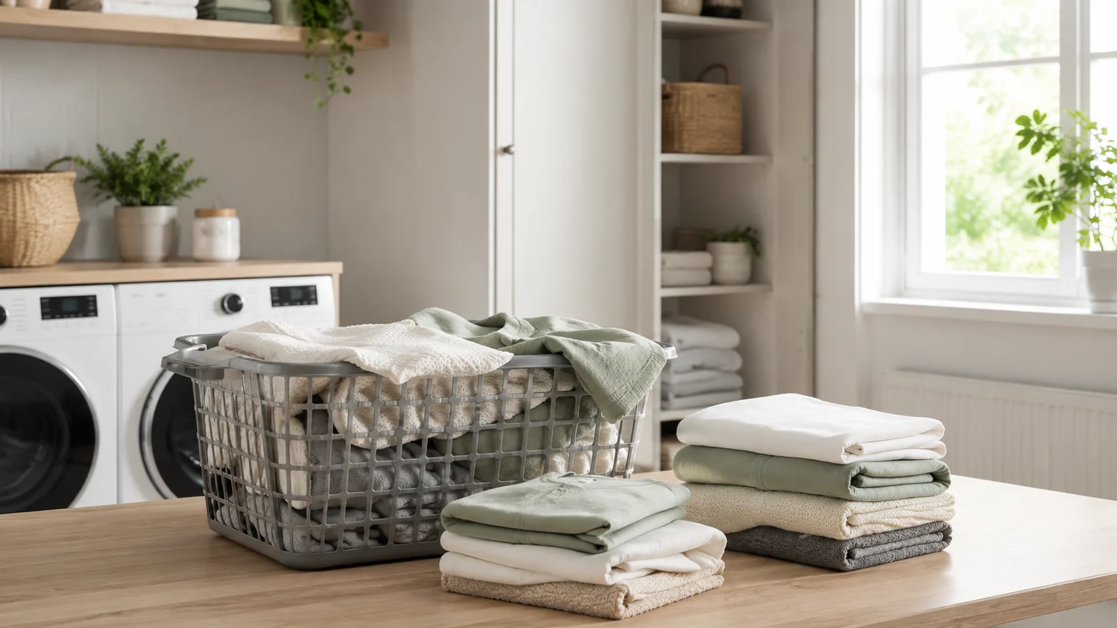 Bright laundry room with clean folded clothes, airy storage and freshly washed garments