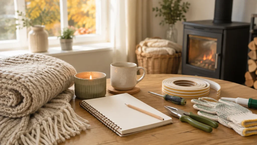 Home preparation table with checklist notebook, simple tools and seasonal household items before travel