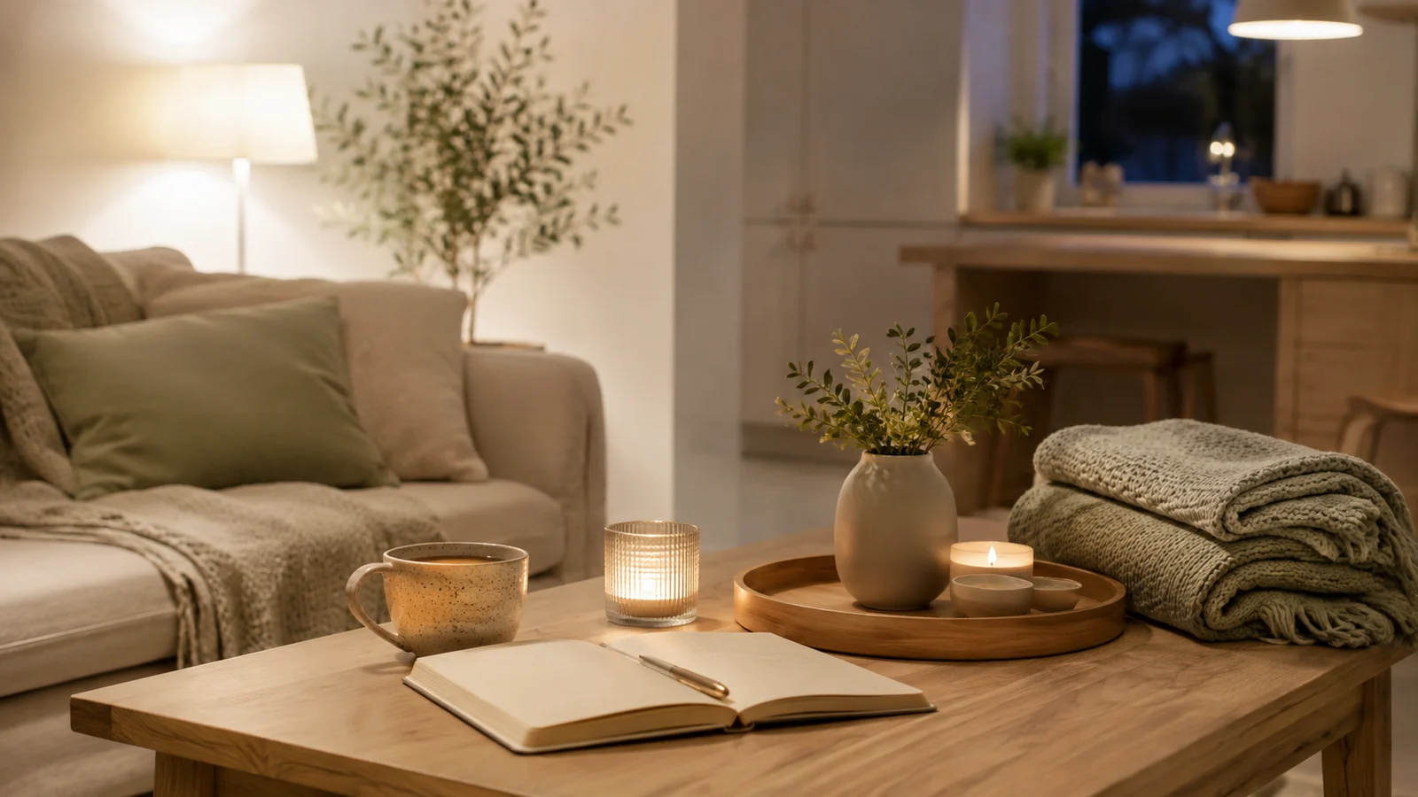 Warm tidy living room in the evening with folded throw, notebook, tray and calm reset atmosphere