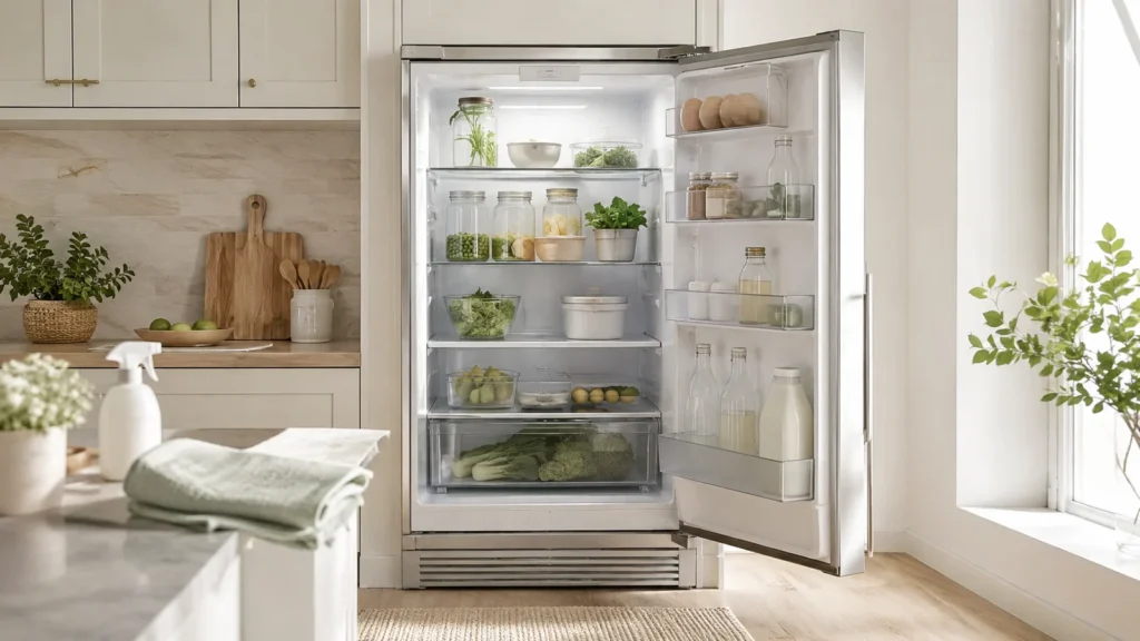 Bright clean refrigerator interior with organized shelves, fresh food, cloth and simple cleaning supplies