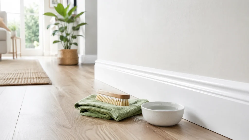 Bright hallway with clean white baseboards, microfiber cloth, soft brush and simple cleaning supplies