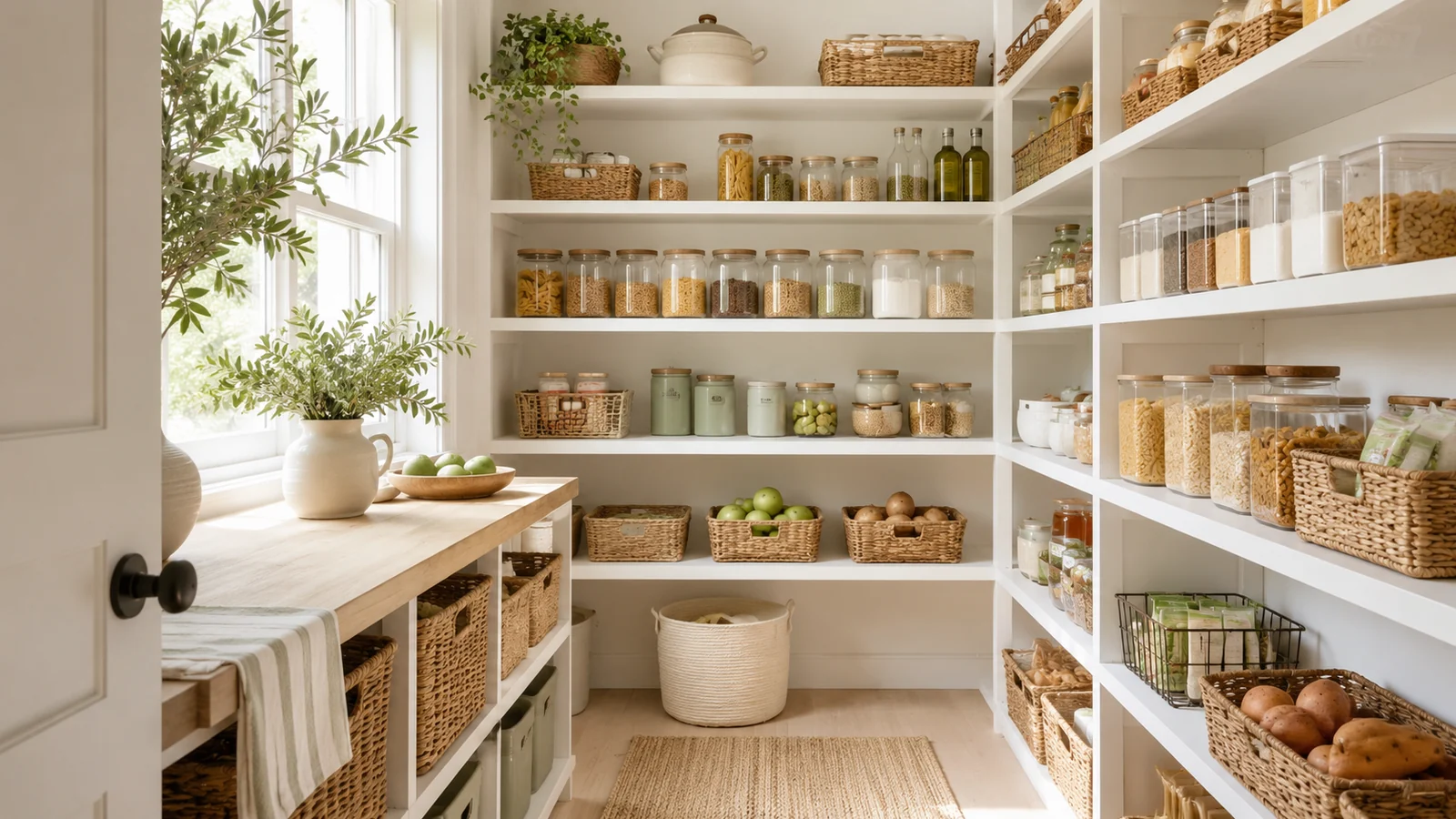 Organized pantry with clear food zones, baskets, jars and neatly arranged shelves in neutral colors