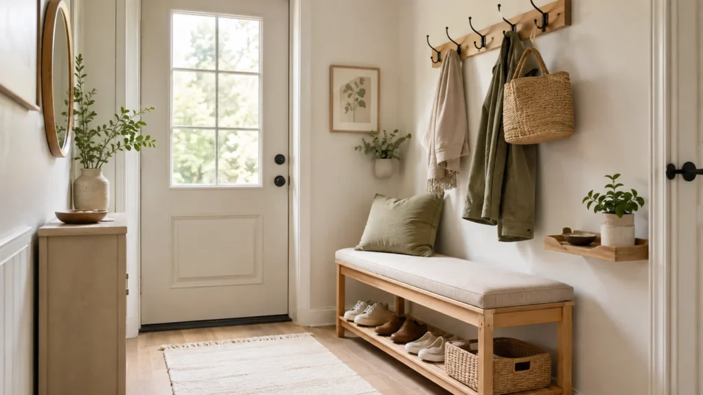 Small organized entryway with bench, hooks, shoe storage, basket, tray and neutral home decor