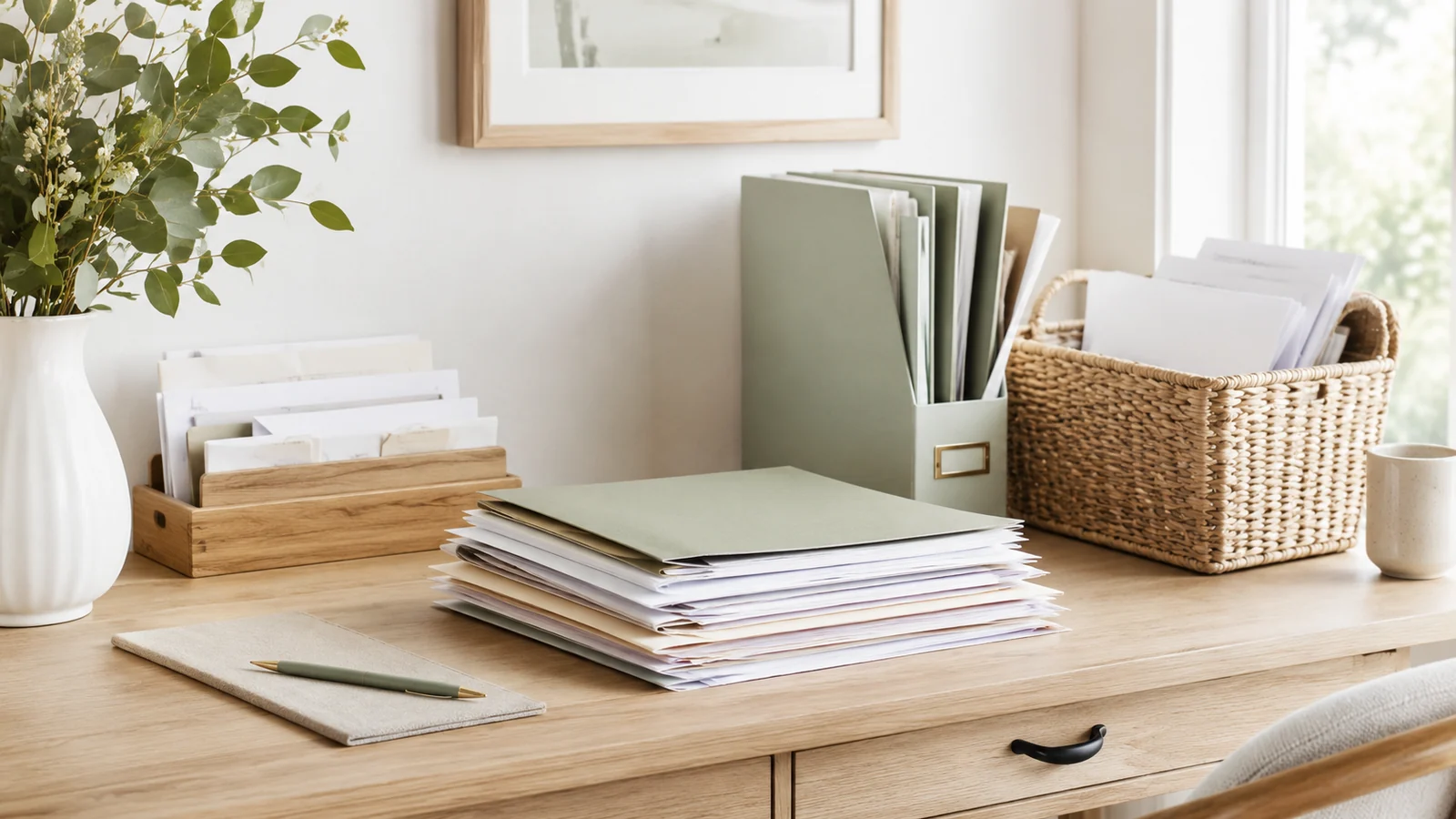 Tidy home desk with small stack of papers, folders, recycling basket, pen and organized mail tray