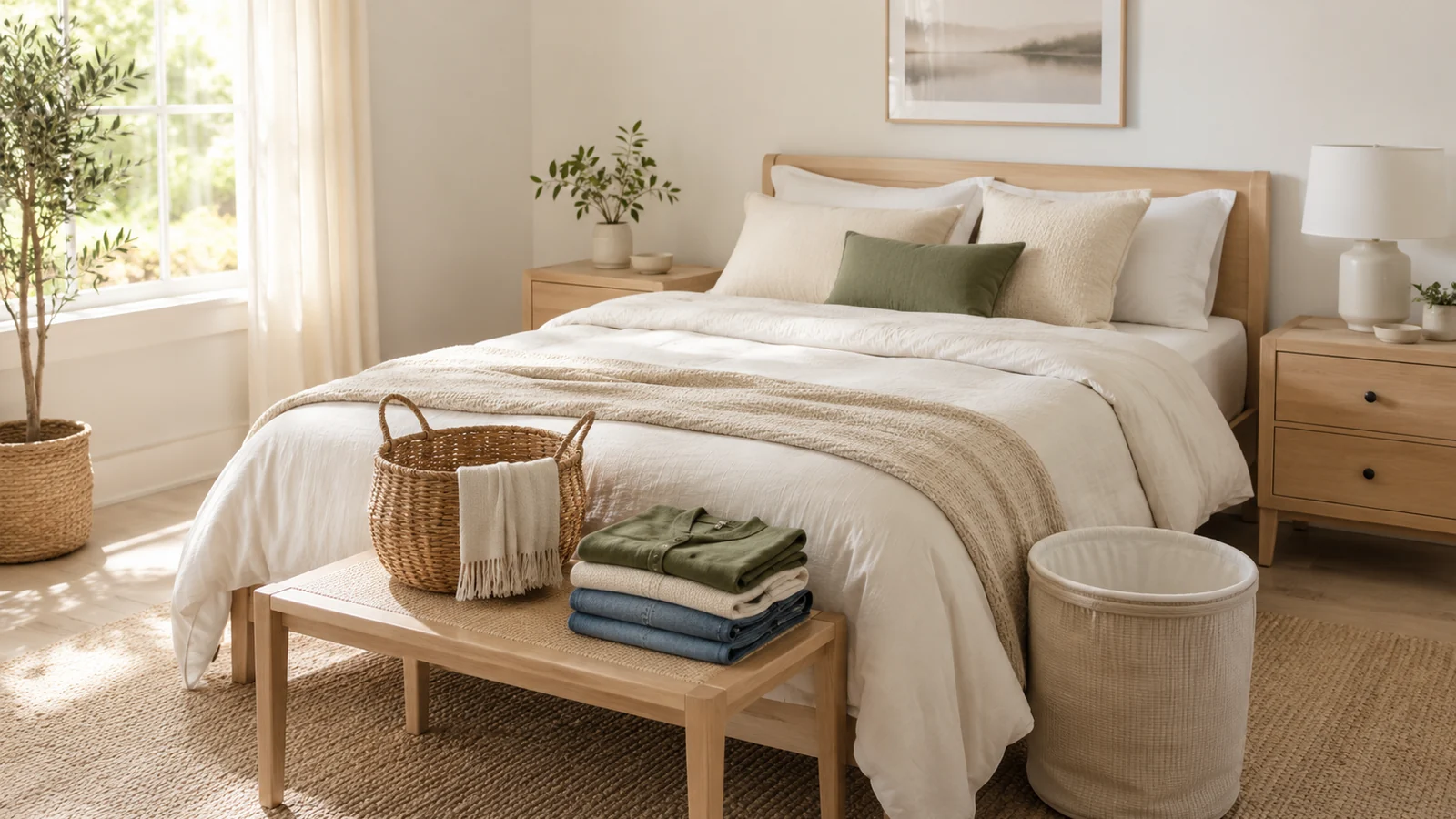 Calm bedroom with neatly made bed, open basket, a few sorted items and uncluttered nightstand