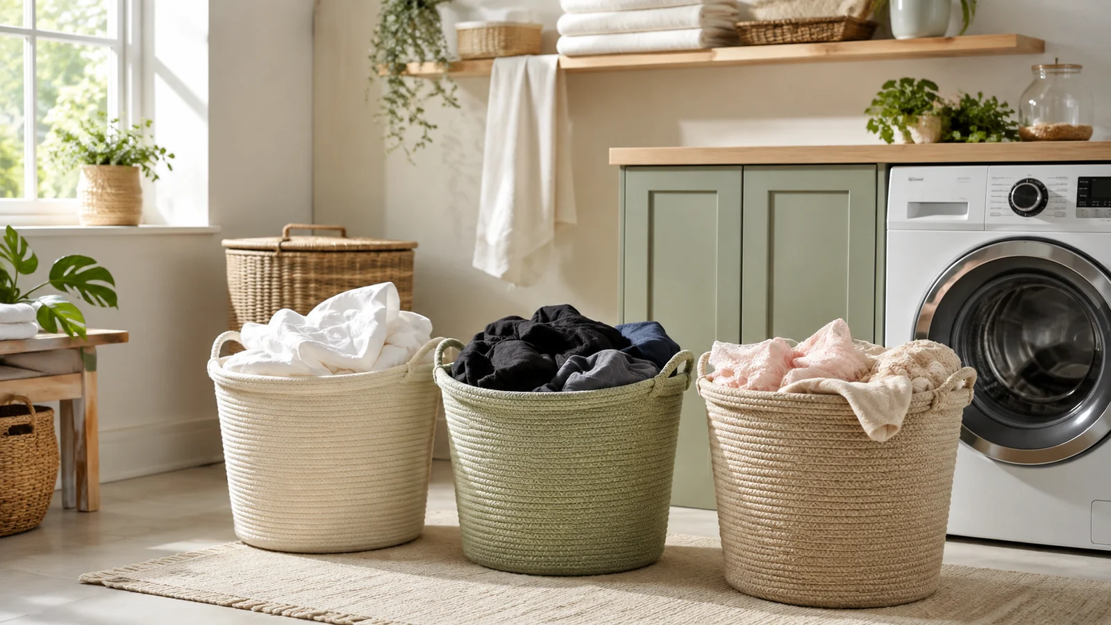 Fresh bed sheets in a bright laundry room with folded linens, washer, basket and neutral bedding