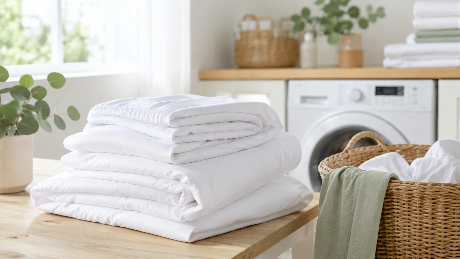 Three simple laundry baskets with light, dark and delicate clothing in a bright organized laundry room