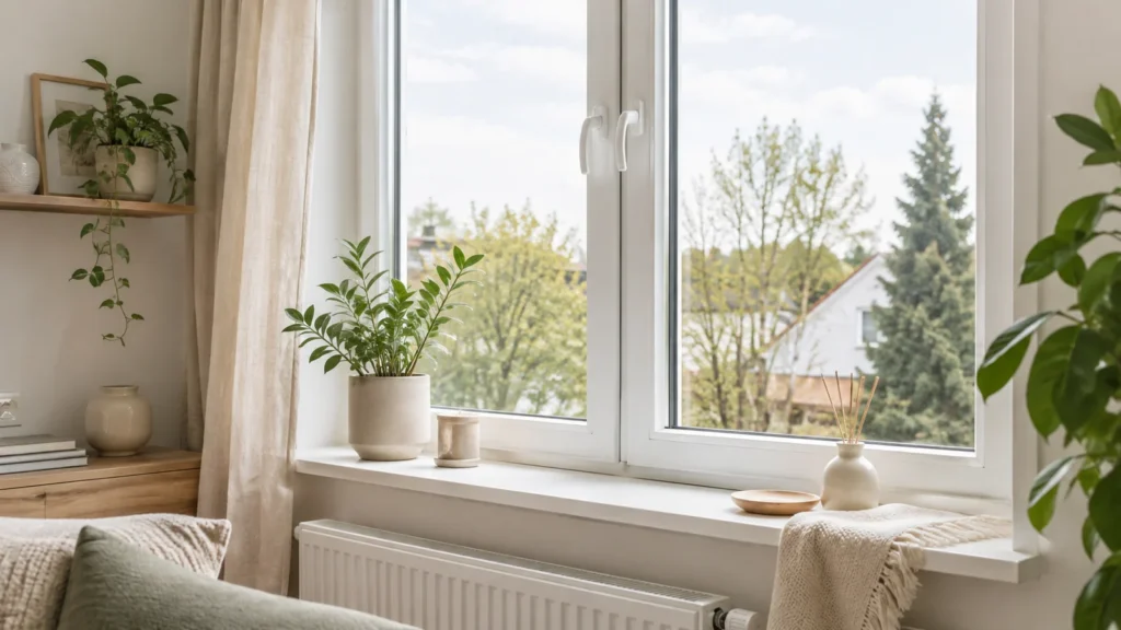 Bright window with clear glass, nearby plant, ventilation and dry windowsill in a calm living room