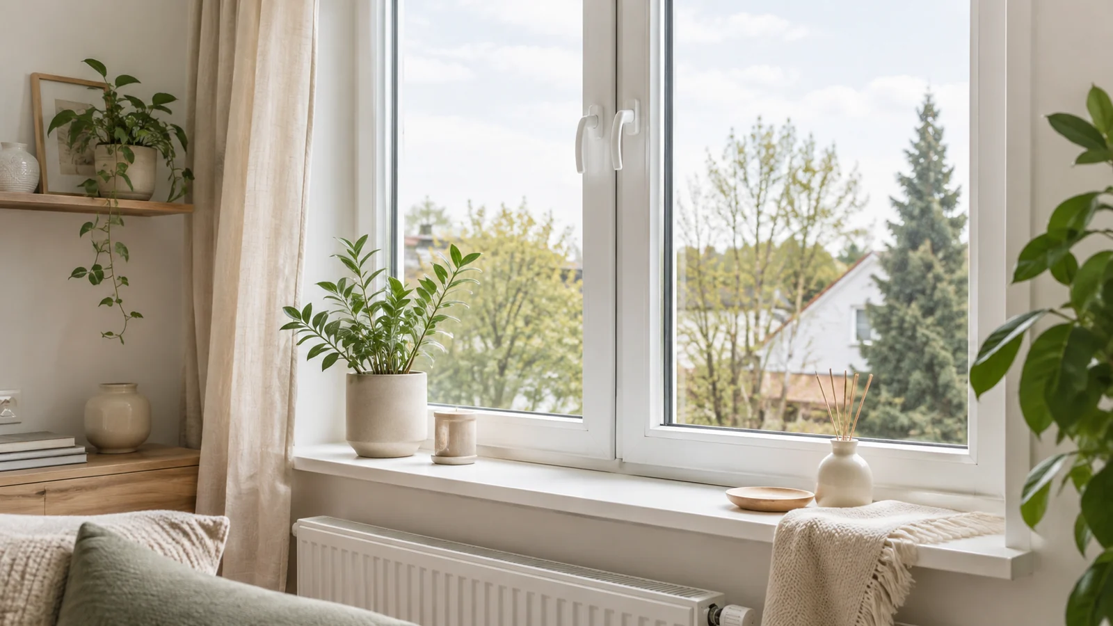 Bright window with clear glass, nearby plant, ventilation and dry windowsill in a calm living room