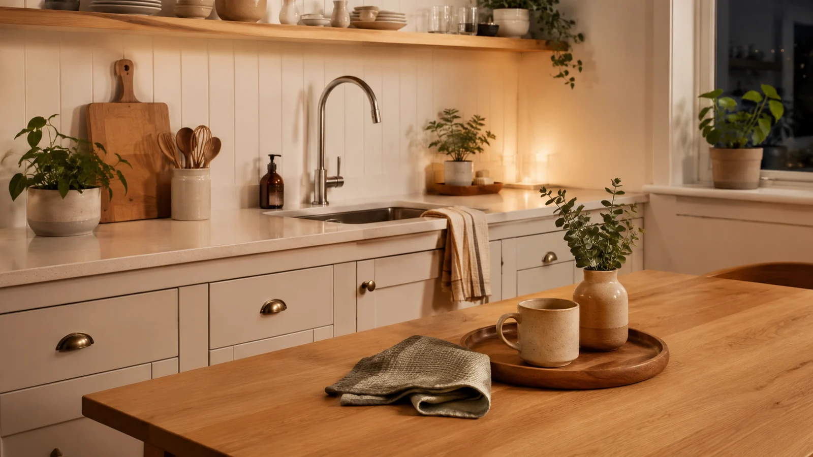 Warm evening kitchen with clean counters, dishes put away, cloth, tray and soft lighting after dinner