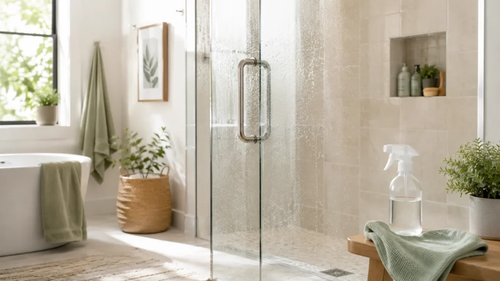 Bright modern bathroom with clean glass shower door, spray bottle and sage microfiber cloth