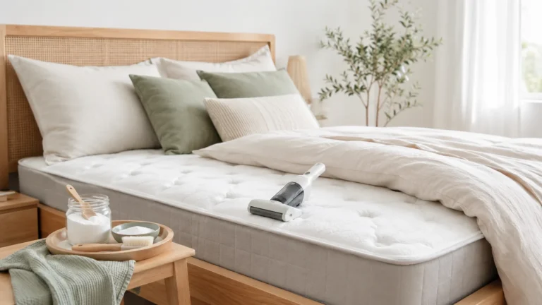 Bright neutral bedroom with exposed mattress, handheld vacuum and simple cleaning supplies