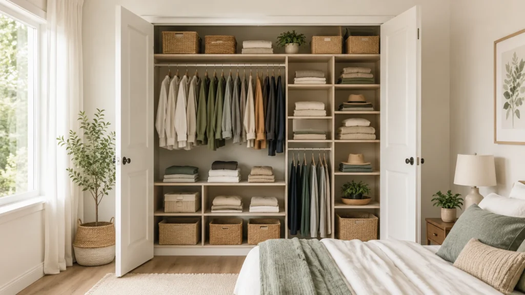 Bright organized bedroom closet with neutral clothing, folded linens and woven storage baskets