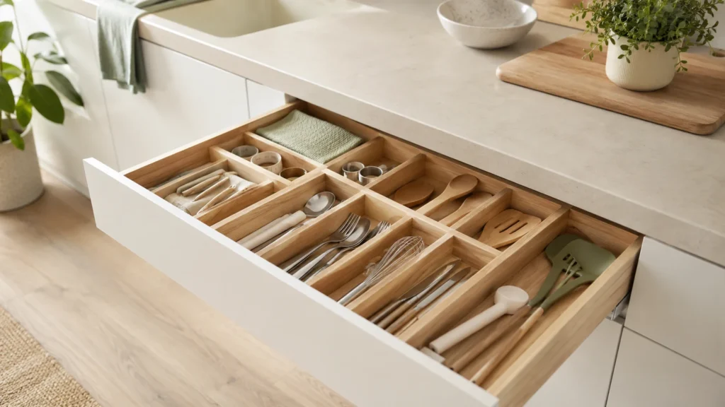 Open modern kitchen drawer with organized cutlery, wooden utensils and simple dividers