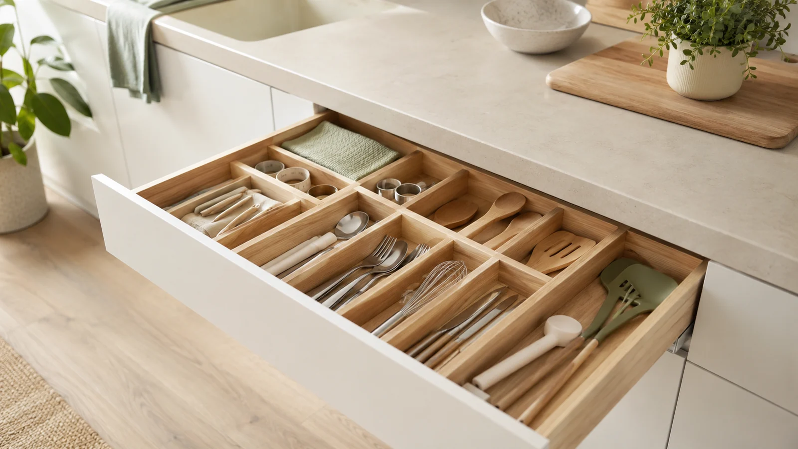 Open modern kitchen drawer with organized cutlery, wooden utensils and simple dividers