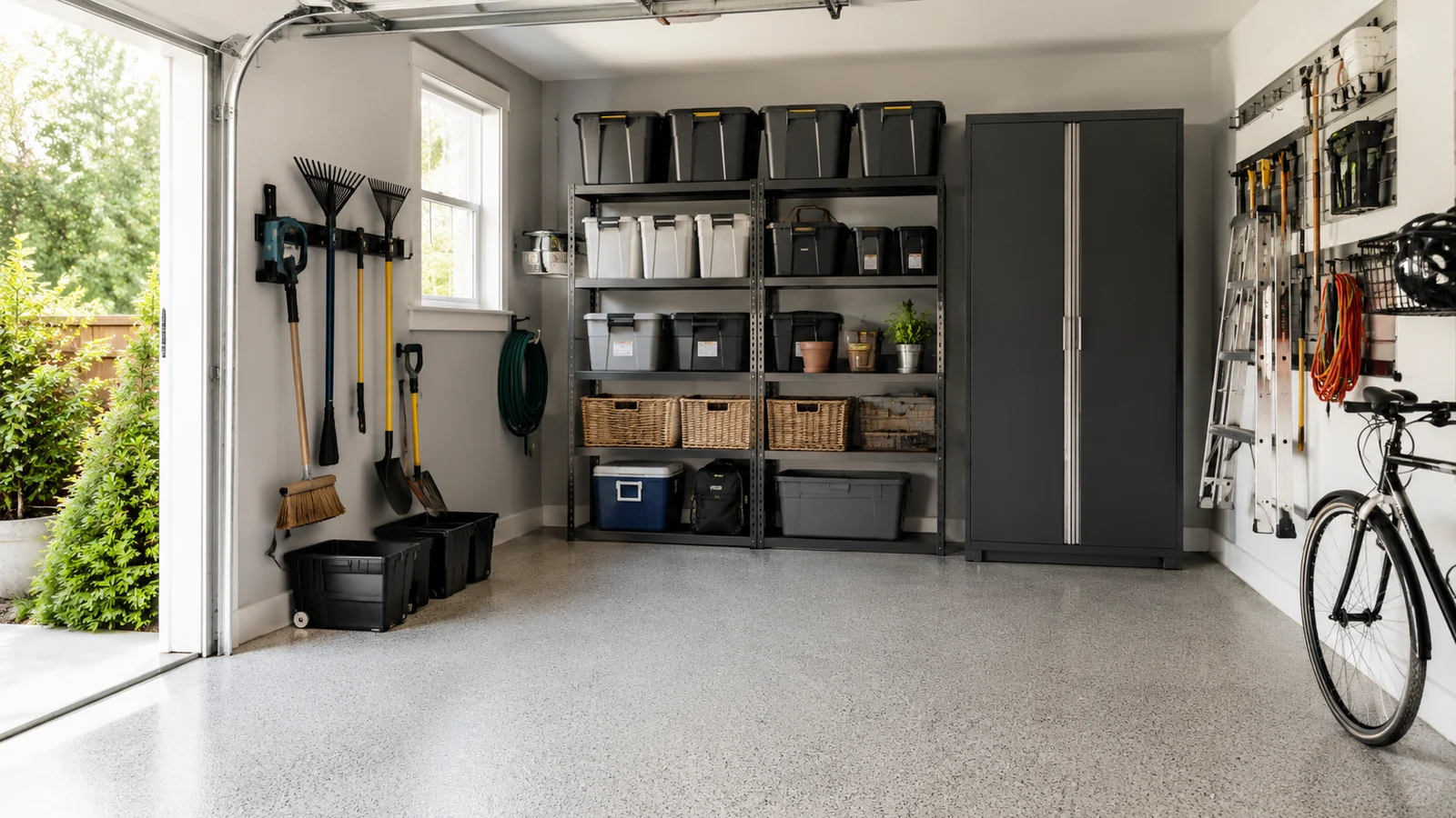 Bright organized garage with shelves, storage bins, tools, bicycle and clear open floor space
