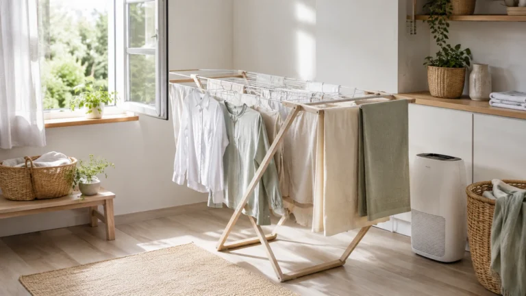 Bright airy laundry room with clothes drying on a wooden rack beside an open window