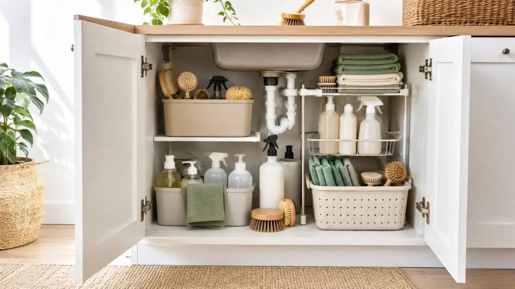 Open under-sink cabinet with neatly grouped cleaning supplies, cloths, brushes and baskets